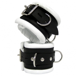 Padded Bondage Cuffs In White/Black Leather Padded Bondage Cuffs In White/Black Leather
