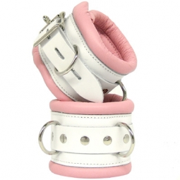 Padded Bondage Cuffs In Pink/White Leather Padded Bondage Cuffs In Pink/White Leather
