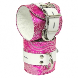 Pink Brocade And White Leather Cuffs Pink Brocade And White Leather Cuffs