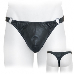 Thong With O Rings In Black Leather Thong With O Rings In Black Leather