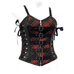 Corset In Black Leather And Plaid Fabric Corset In Black Leather And Plaid Fabric