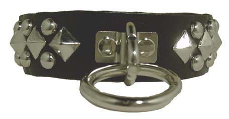 Black Leather Collar With Ring And Metal Studs