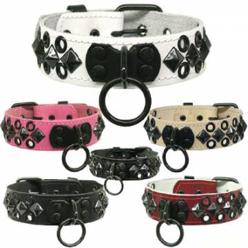Leather Collar With Eyelets/Pyramids/Ring