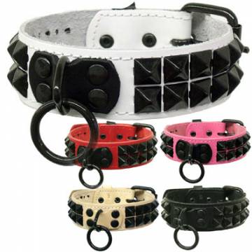 Leather Collar With Pyramids And Ring