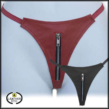 Zip Front G String In Red Or Black Leather