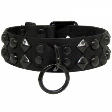 Leather Collar With Black Ring And Studs