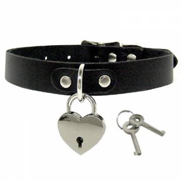 Black Leather Collar With Heart Lock