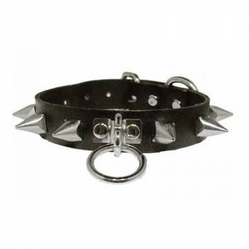 Leather Collar With Pyramid Spikes And Ring