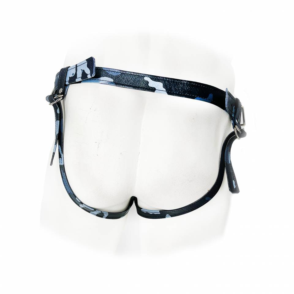 Blue Camo Leather Strap-On Harness
