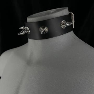 Black Leather Grommet & Large Spike Collar